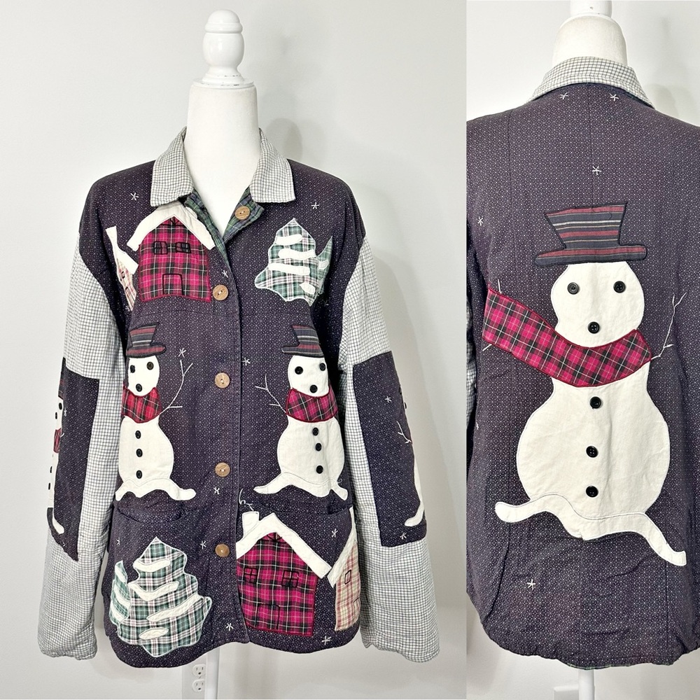 VTG Patch Magic Quilted Holiday Christmas Snowman Reversible Plaid Jacket L/XL